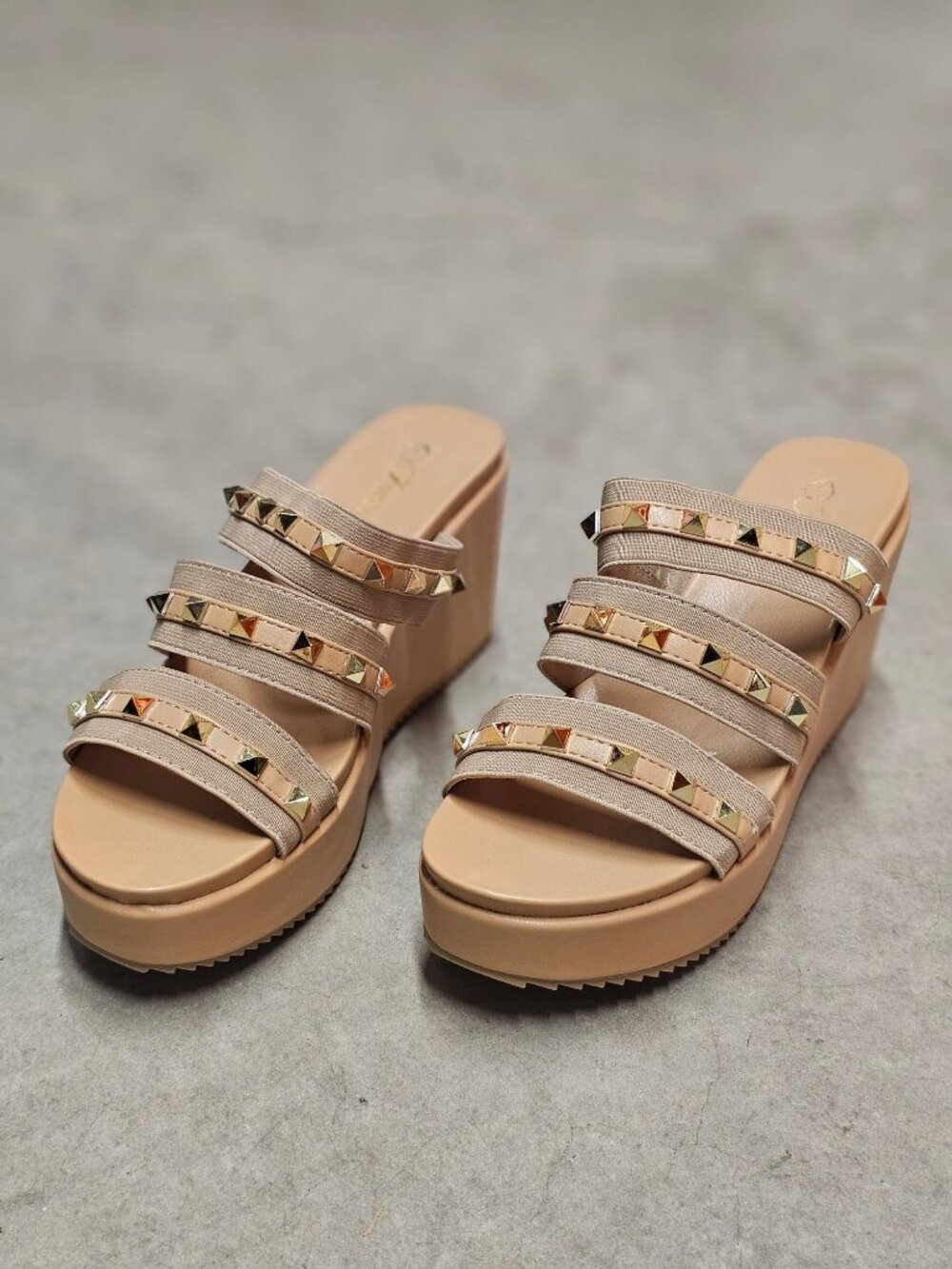 Studded Strap Nude Wedge Sandals For Women - Stylish Slip-On Platform Design Wit - Picture 12 of 12